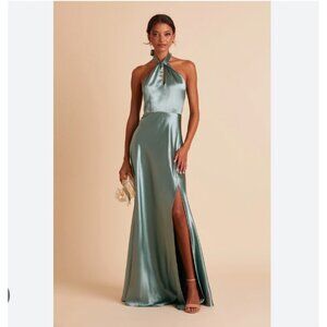 Birdy Grey Monica Halter Satin Dress Womens XS Sea Glass Green Maxi Formal Gown